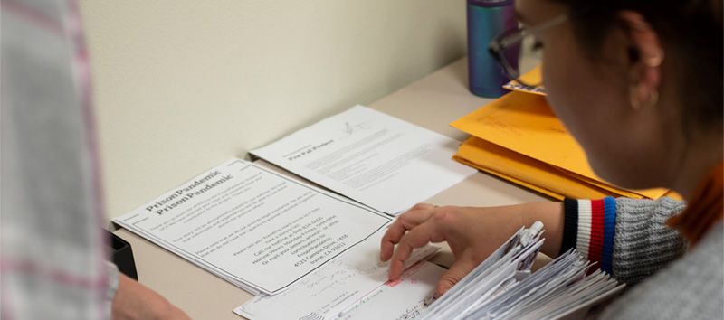 UCI graduate student sorting letters submitted to PrisonPandemic project