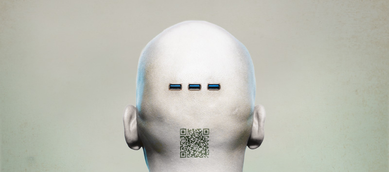 bald human head with a green cast has a QR code at the base of head and three usb slots a few inches above