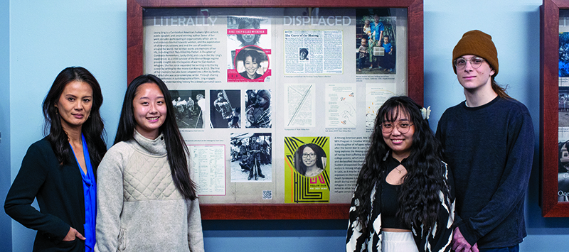 Thuy Vo Dang and student curators in front of Literally Displaced: Writing the Southeast Asian Diaspora exhibit