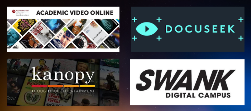 Collage showing Academic Video Online, Docuseek, Kanopy, and Swank Digital Campus