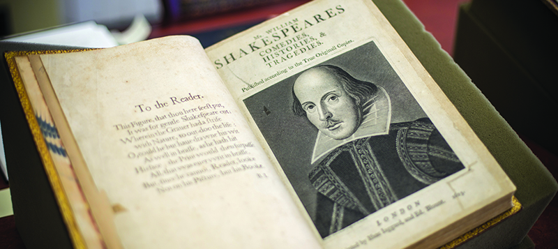 UCI Libraries' copy of William Shakespeare’s First Folio open to its cover page