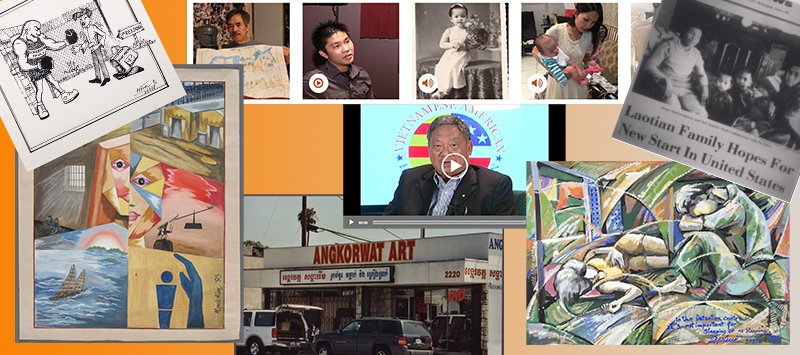 Collage of Southeast Asian Archive materials including a photo of an Orange County Vietnamese store fronts and screenshots of oral histories