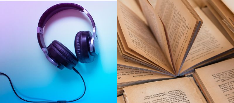 A pair of headphones next to open books.