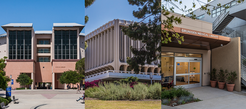 Composition photo of UC Irvine Science, Langson, and Grunigen Medical Libraries.