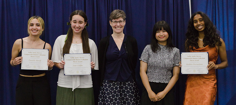 2025 winners of the Nellie Ansley Reeves Award with UCI Libraries Head of Reference and Grunigen Medical Library Cynthia Johnson and Research Librarian for Biological Sciences Angelissa Panganiban