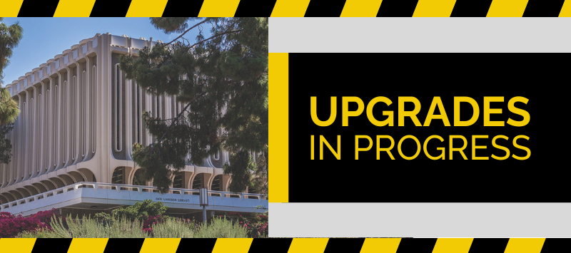 Langson Library with a caution tape border next to the words upgrades in progress
