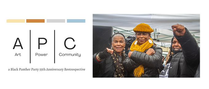 Art | Power | Community logo and photo of three Black Panther Party women at BPP events in Oakland, California