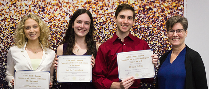 Nellie Ansley Reeves Award recipients holding award certificates with UCI Libraries Head of Reference Cynthia Johnson