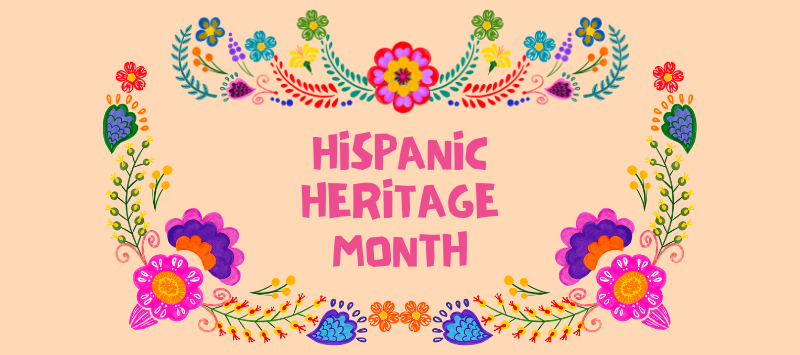 Hispanic Heritage Month text with colorful flowers.