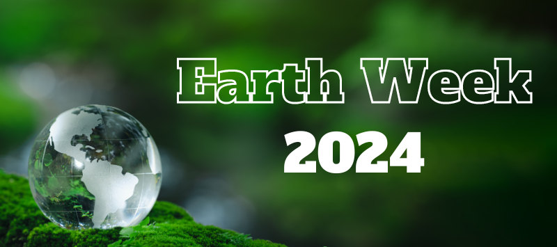 Crystal sphere of the Earth sitting on a forest green and Earth Week 2024 title