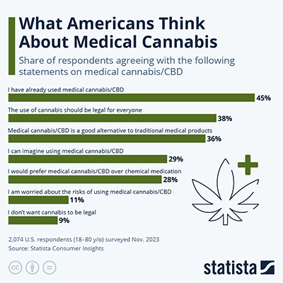 Statista consumer insight study infographic showing 45 percent of US respondents have used medical cannabis and 38 percent believe cannabis should be legal for everyone